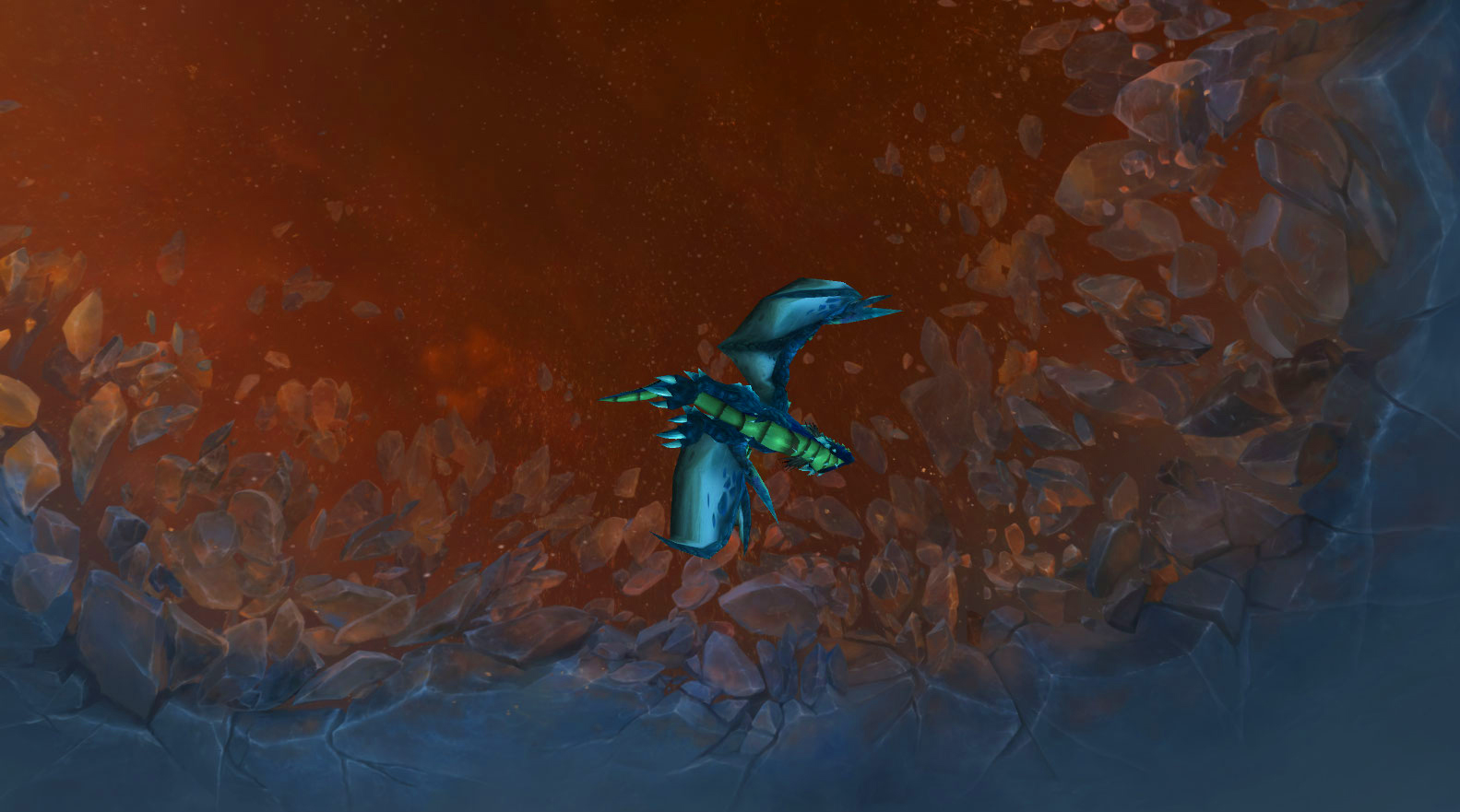 A blue dragon (Rusty) flying against a sky torn open, exposing the Shadowlands beyond.