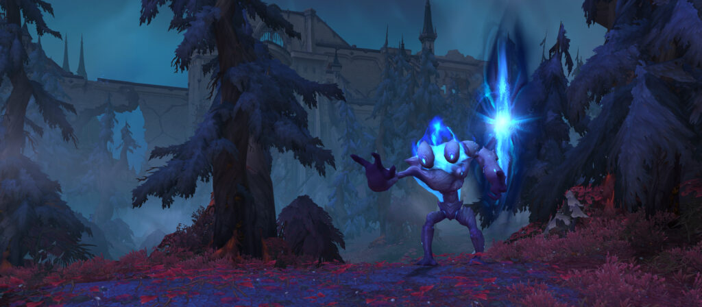 A strange blue two-headed creature standing by a portal in the wilds of Revendreth.