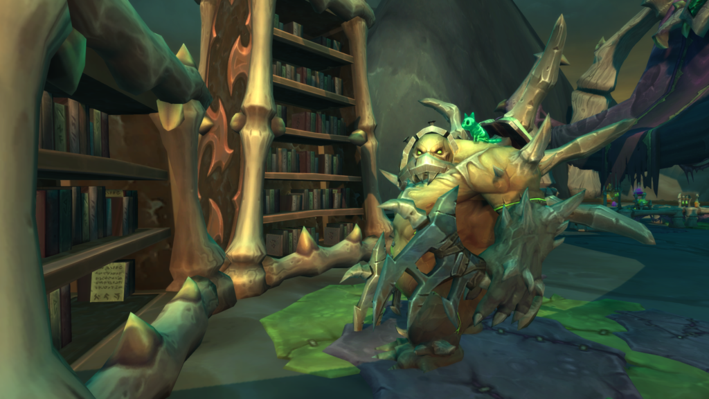 The Professor, an abomination, looks at the viewer while standing next to some bookshelves.